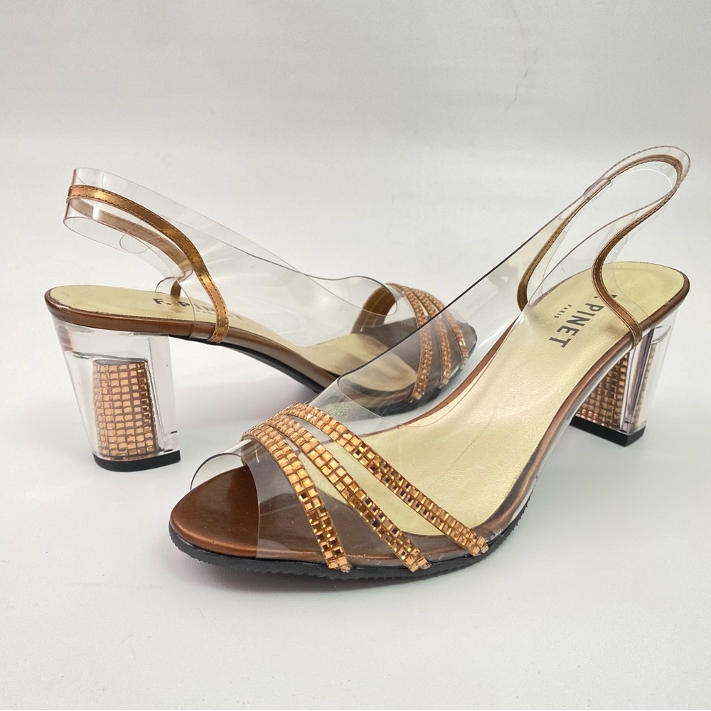 F. Pinet Paris Clear Rhinestone Slingback Peep Toe Womens Heeled Sandals Shoes 5 - Picture 2 of 16